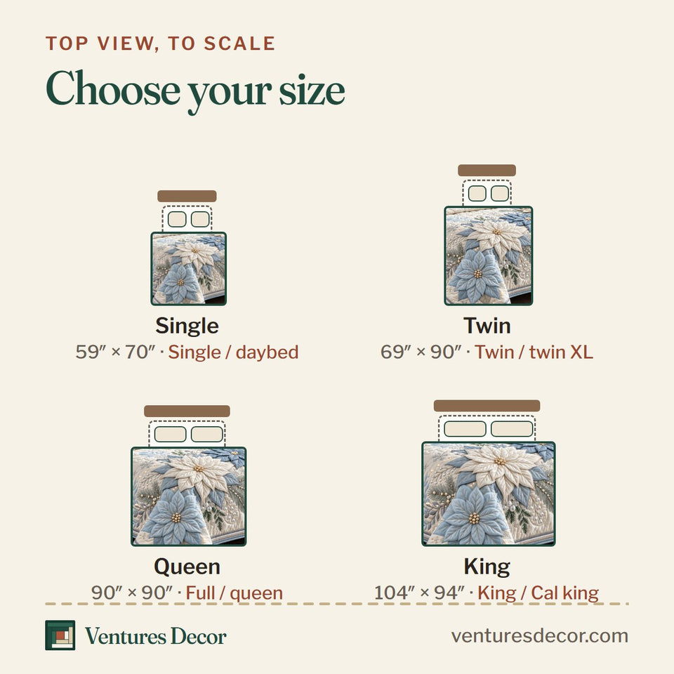 Size guide for the Christmas Blue Poinsettia Quilt Set, 3-Piece Quilted Bedding with 2 Pillow Shams quilt, top view to scale: Single 59 x 70 in, Twin 69 x 90 in, Queen 90 x 90 in, King 104 x 94 in