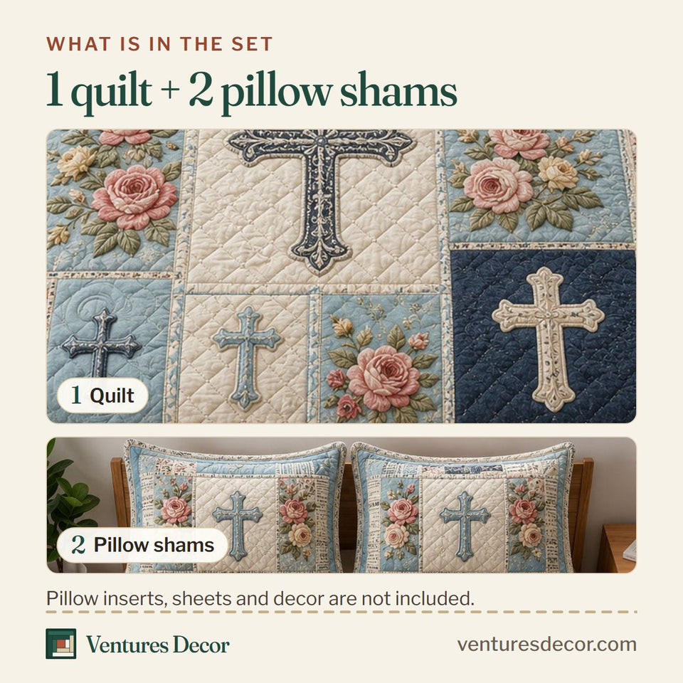 What is in the set: one quilt and two pillow shams, shown in the Blue Rose Cross Christian Patchwork design