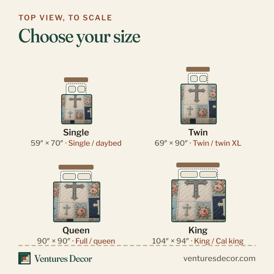 Size guide for the Blue Rose Cross Christian Patchwork quilt, top view to scale: Single 59 x 70 in, Twin 69 x 90 in, Queen 90 x 90 in, King 104 x 94 in