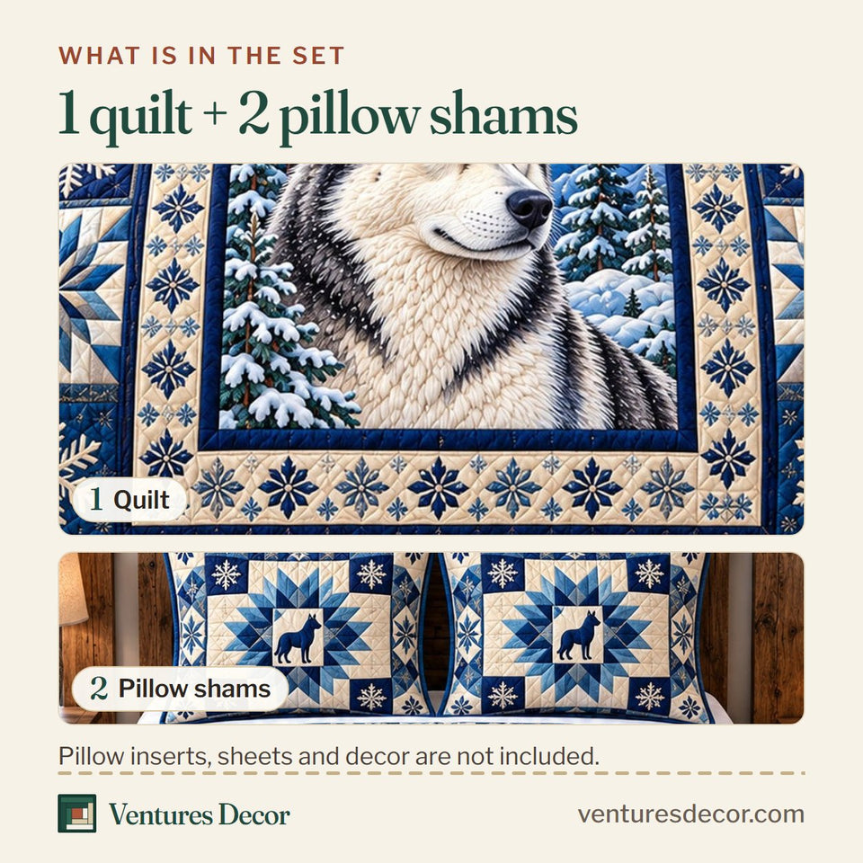 What is in the set: one quilt and two pillow shams, shown in the Blue Snowflake Husky Quilt Set, 3-Piece Quilted Bedding with 2 Pillow Shams design