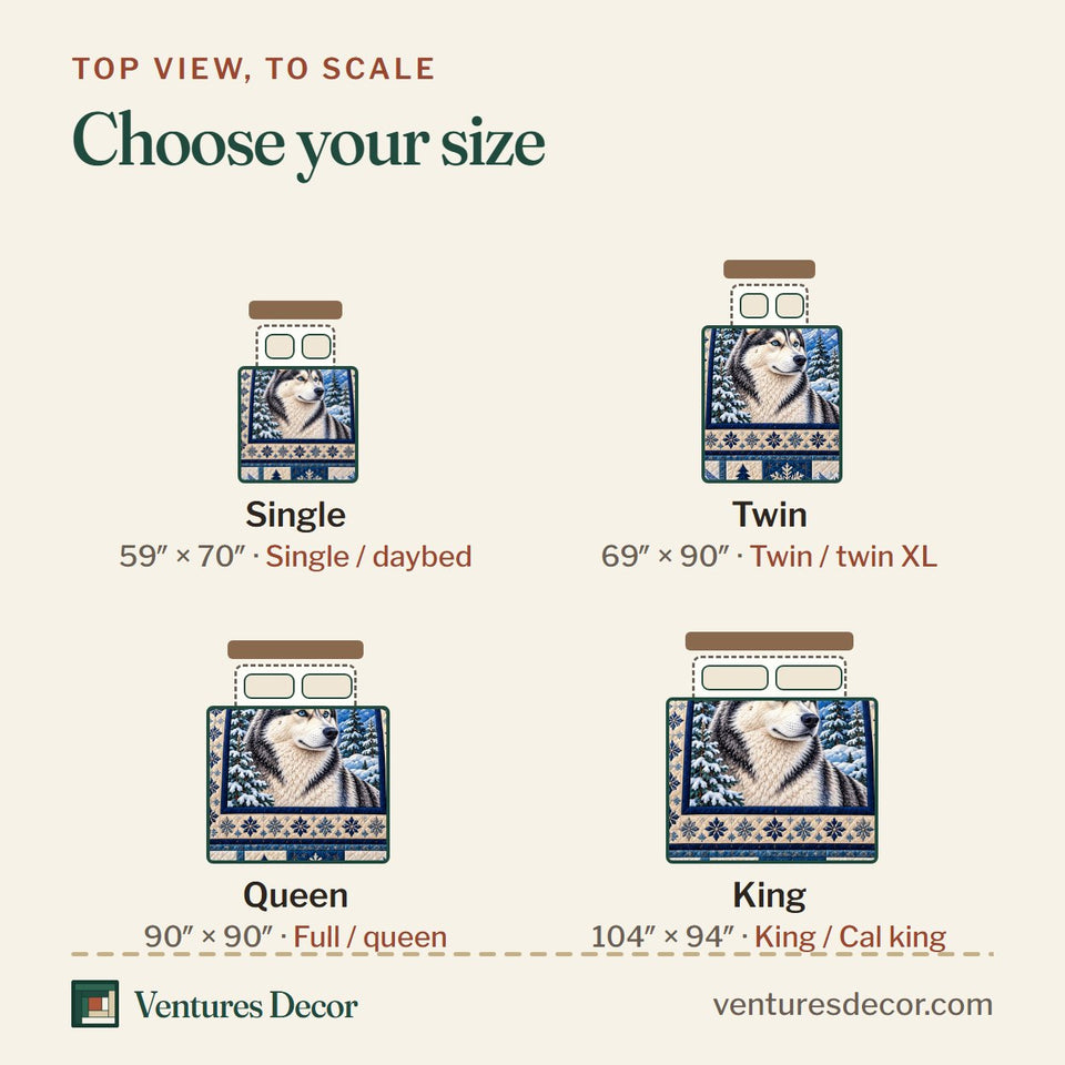 Size guide for the Blue Snowflake Husky Quilt Set, 3-Piece Quilted Bedding with 2 Pillow Shams quilt, top view to scale: Single 59 x 70 in, Twin 69 x 90 in, Queen 90 x 90 in, King 104 x 94 in