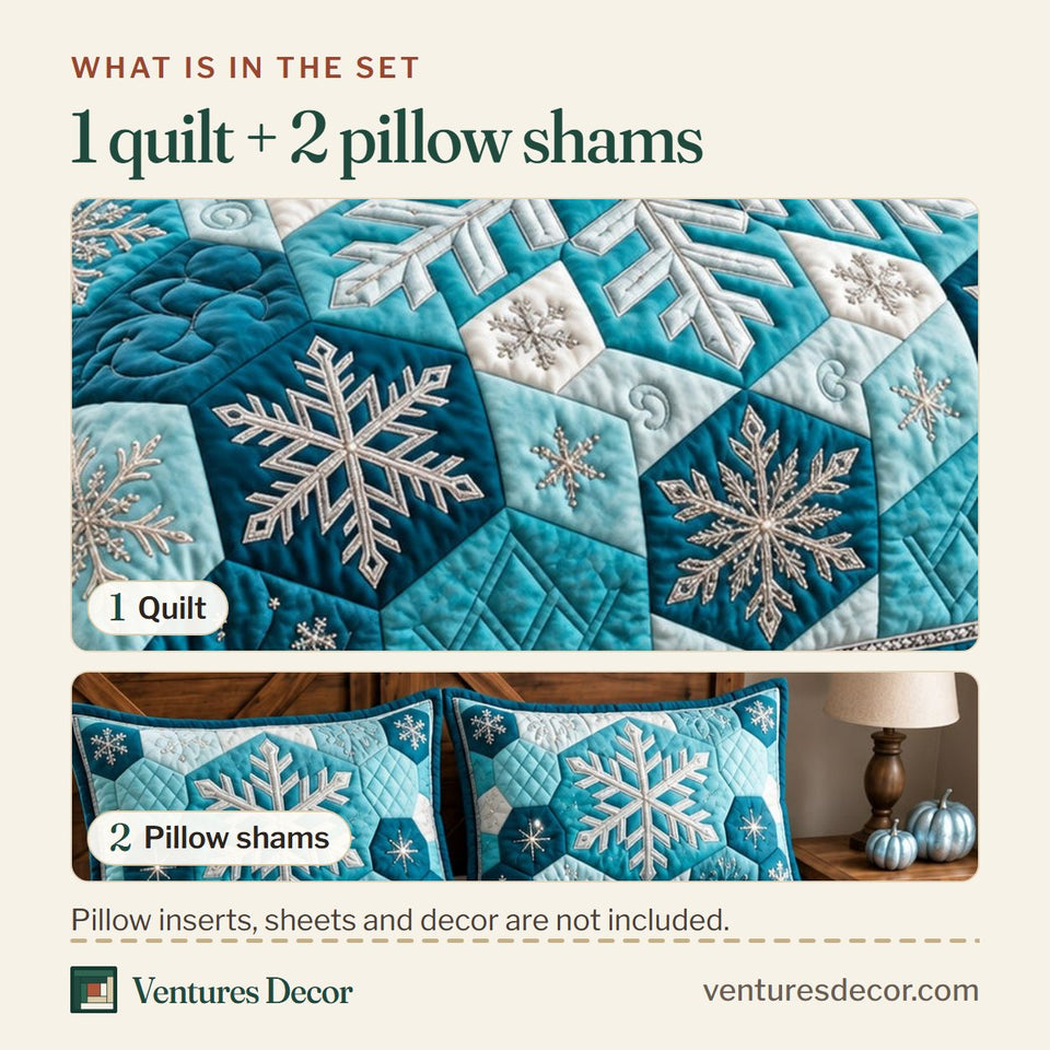 What is in the set: one quilt and two pillow shams, shown in the Blue Snowflake Quilt Set, 3-Piece Quilted Bedding with 2 Pillow Shams design