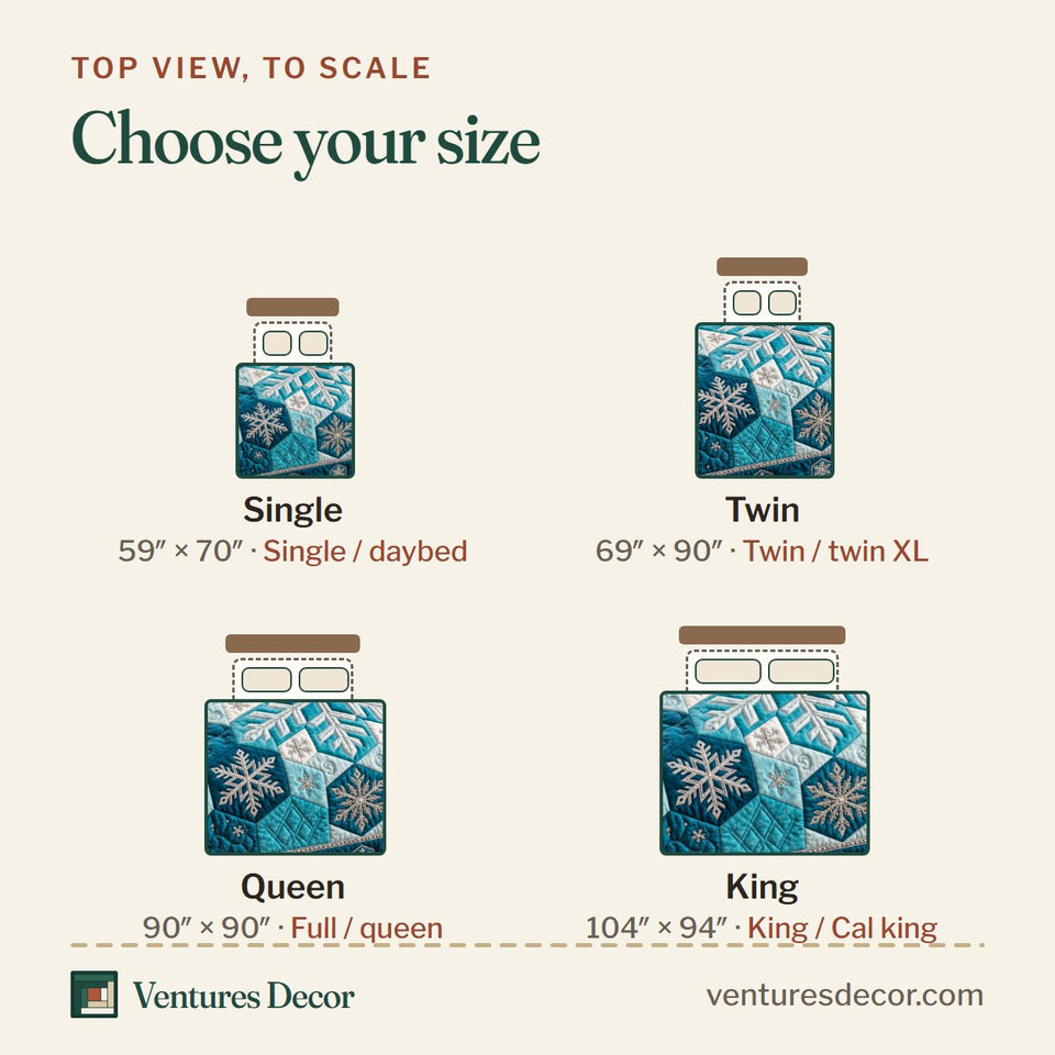 Size guide for the Blue Snowflake Quilt Set, 3-Piece Quilted Bedding with 2 Pillow Shams quilt, top view to scale: Single 59 x 70 in, Twin 69 x 90 in, Queen 90 x 90 in, King 104 x 94 in
