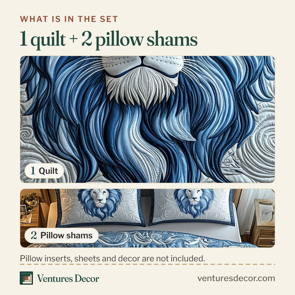 What is in the set: one quilt and two pillow shams, shown in the Blue Swirl Majestic Lion Steel Blue Border design