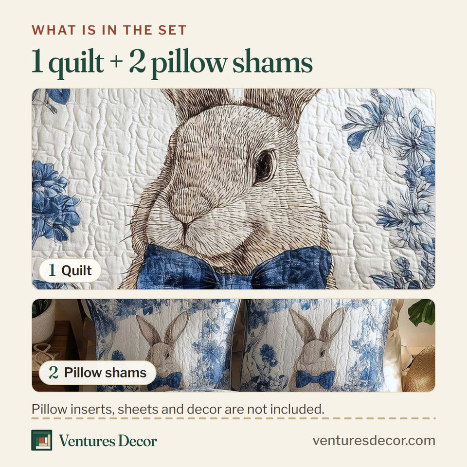 What is in the set: one quilt and two pillow shams, shown in the Blue Toile Bow Bunny design