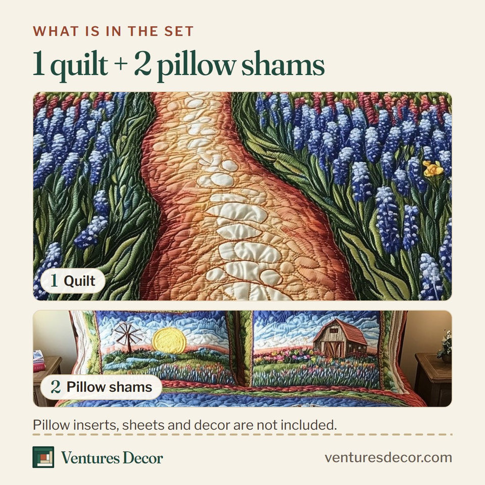What is in the set: one quilt and two pillow shams, shown in the Bluebonnet Barn Stone Path Through Blue Field design