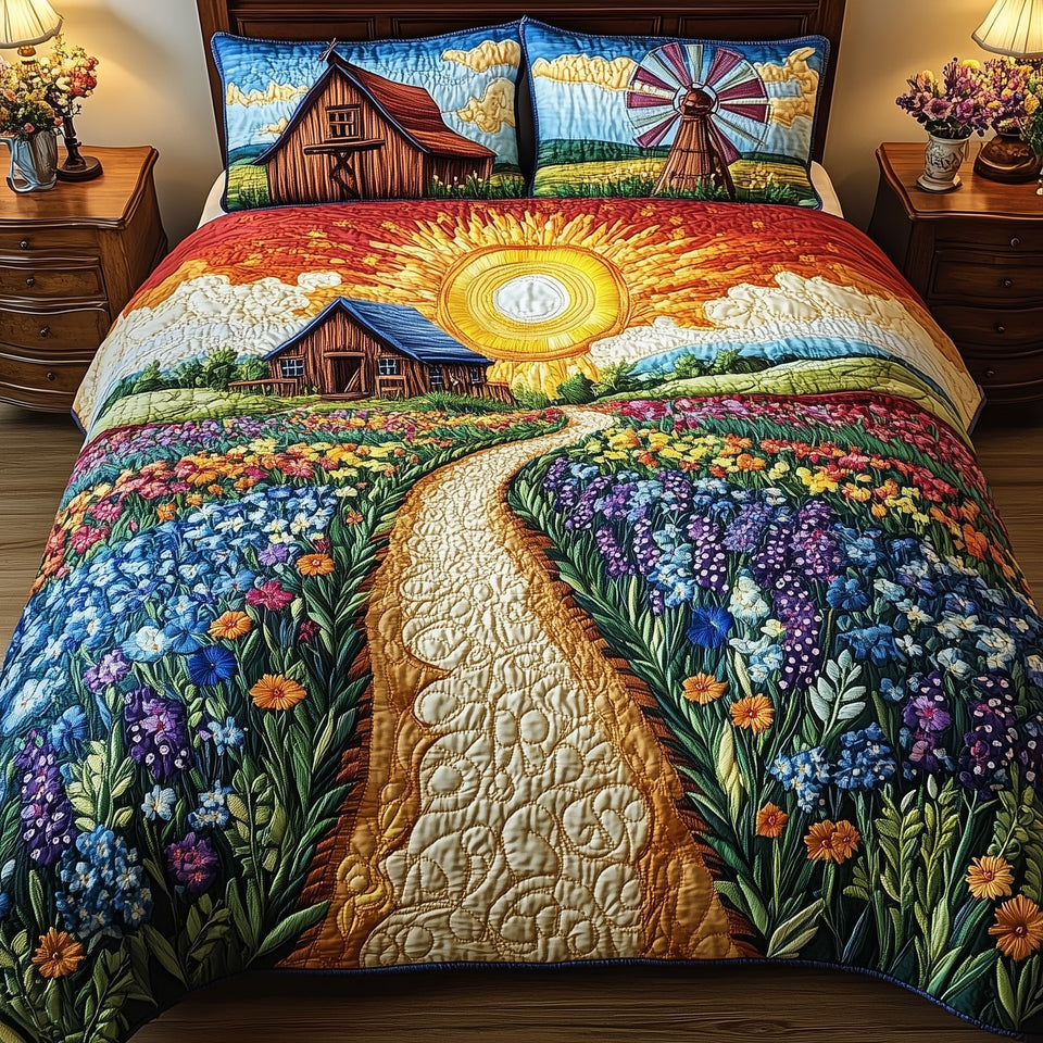 Bluebonnet Barn Sunset Windmill And Flower Rows quilted bedding set, quilt and two pillow shams on a made bed