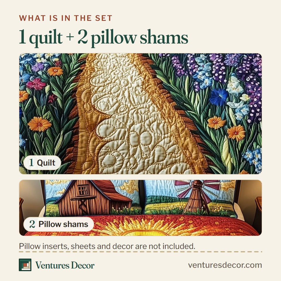 What is in the set: one quilt and two pillow shams, shown in the Bluebonnet Barn Sunset Windmill And Flower Rows design
