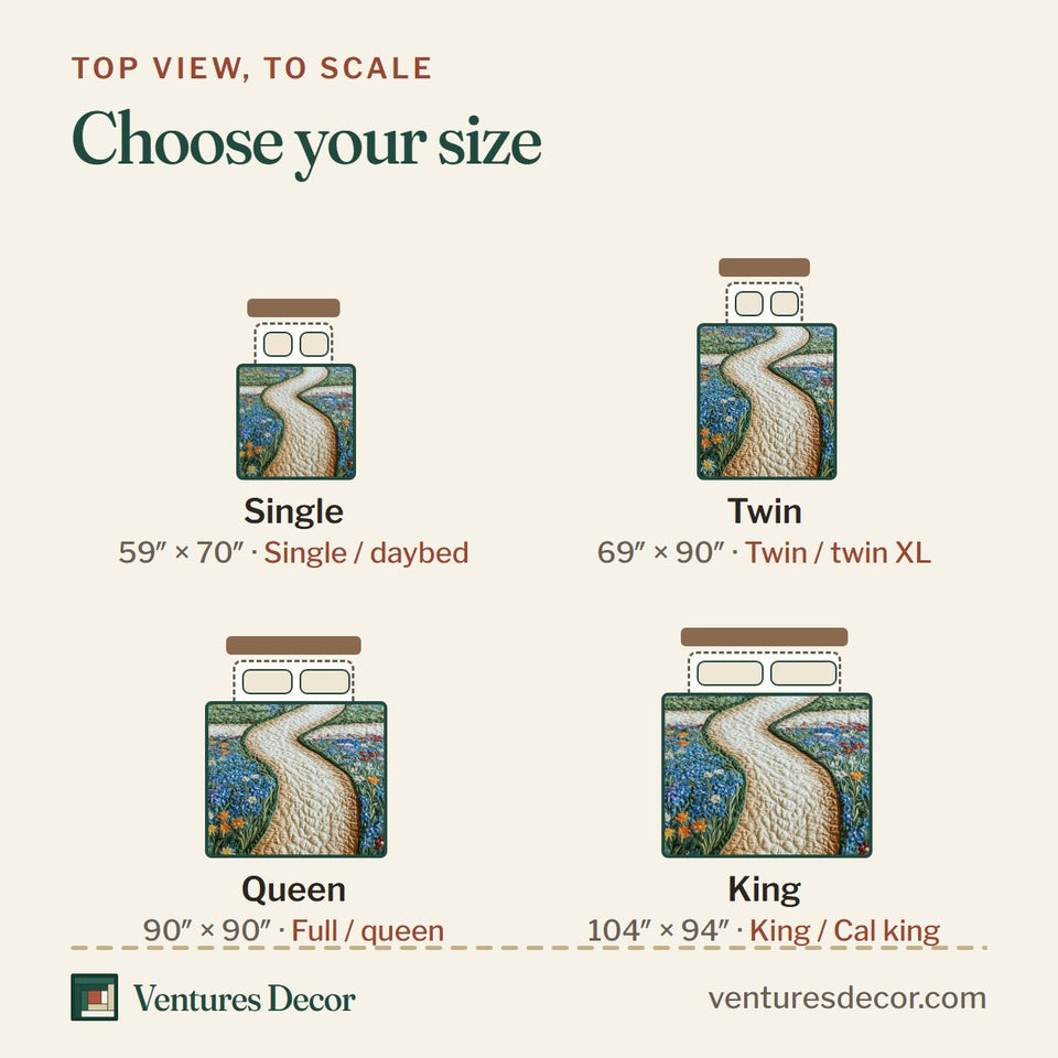 Size guide for the Bluebonnet Barn Winding Path quilt, top view to scale: Single 59 x 70 in, Twin 69 x 90 in, Queen 90 x 90 in, King 104 x 94 in