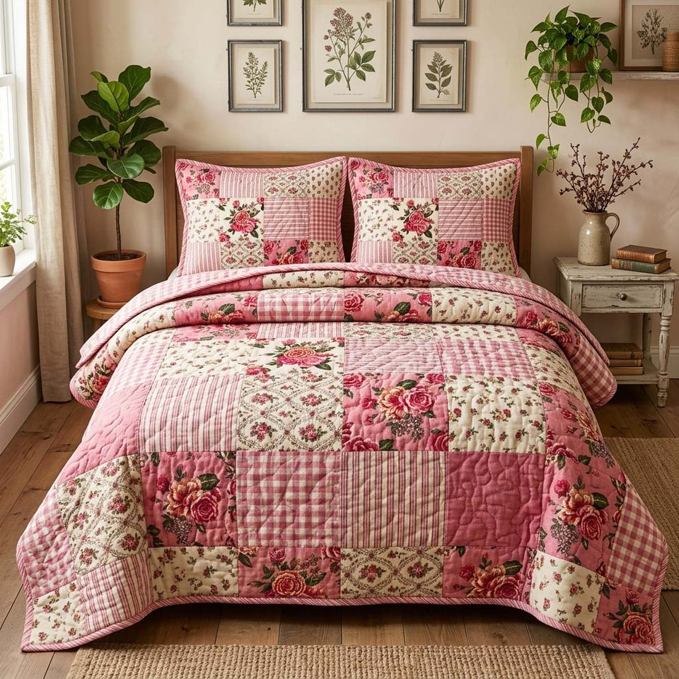Blush Patchwork quilted bedding set, quilt and two pillow shams on a made bed