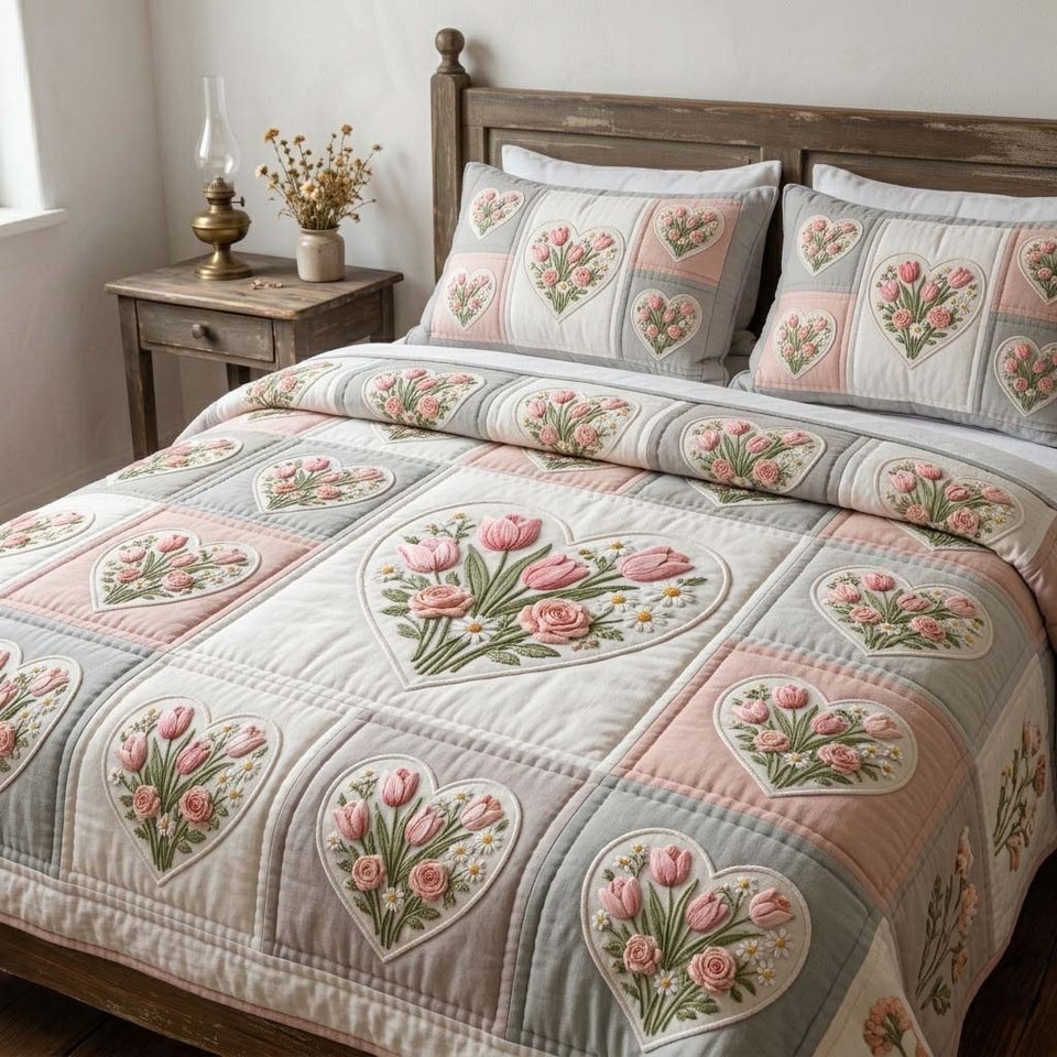 Blush Tulip Garden quilted bedding set, quilt and two pillow shams on a made bed