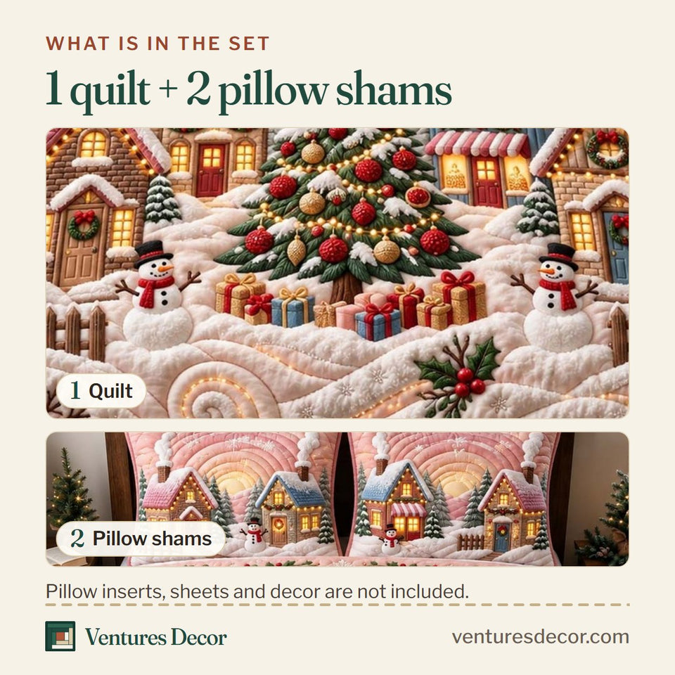 What is in the set: one quilt and two pillow shams, shown in the Blush Winter Village Quilt Set, 3-Piece Quilted Bedding with 2 Pillow Shams design