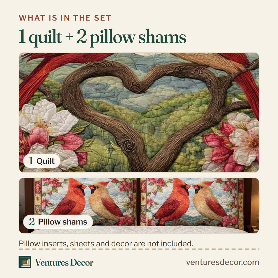What is in the set: one quilt and two pillow shams, shown in the Blushing Cardinal Love design