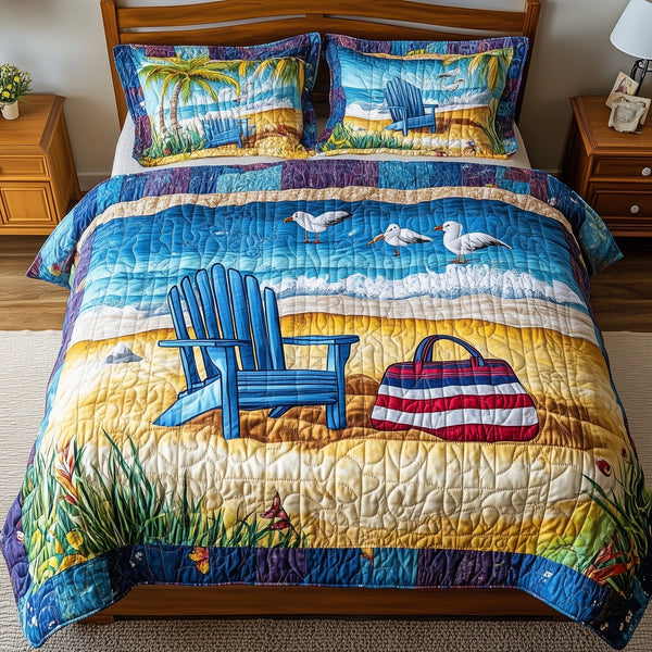 Boardwalk Chair Getaway quilted bedding set, quilt and two pillow shams on a made bed