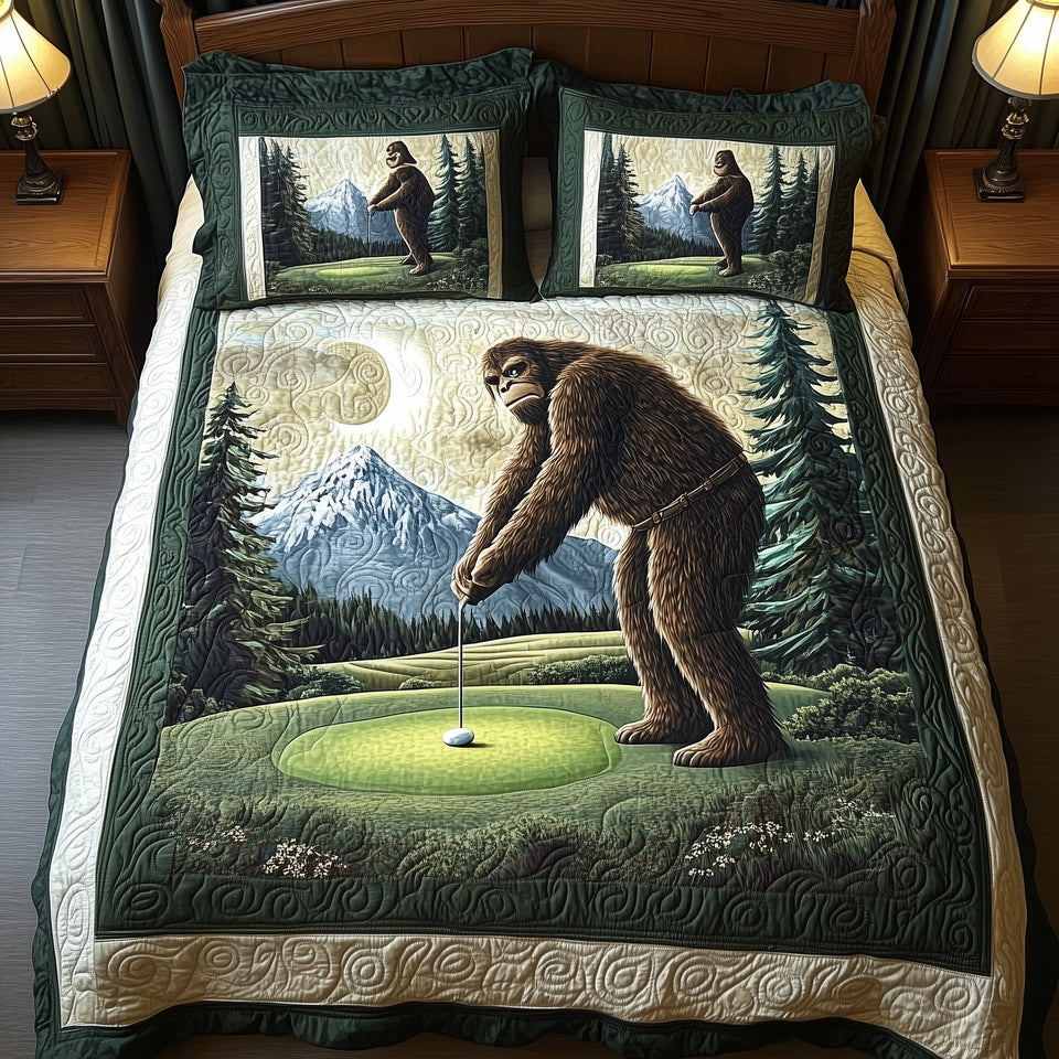 Bogey Putt Lining Up The Flagstick On Cream quilted bedding set, quilt and two pillow shams on a made bed