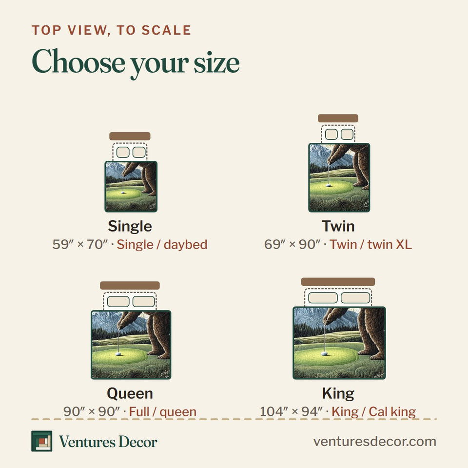 Size guide for the Bogey Putt Lining Up The Flagstick On Cream quilt, top view to scale: Single 59 x 70 in, Twin 69 x 90 in, Queen 90 x 90 in, King 104 x 94 in