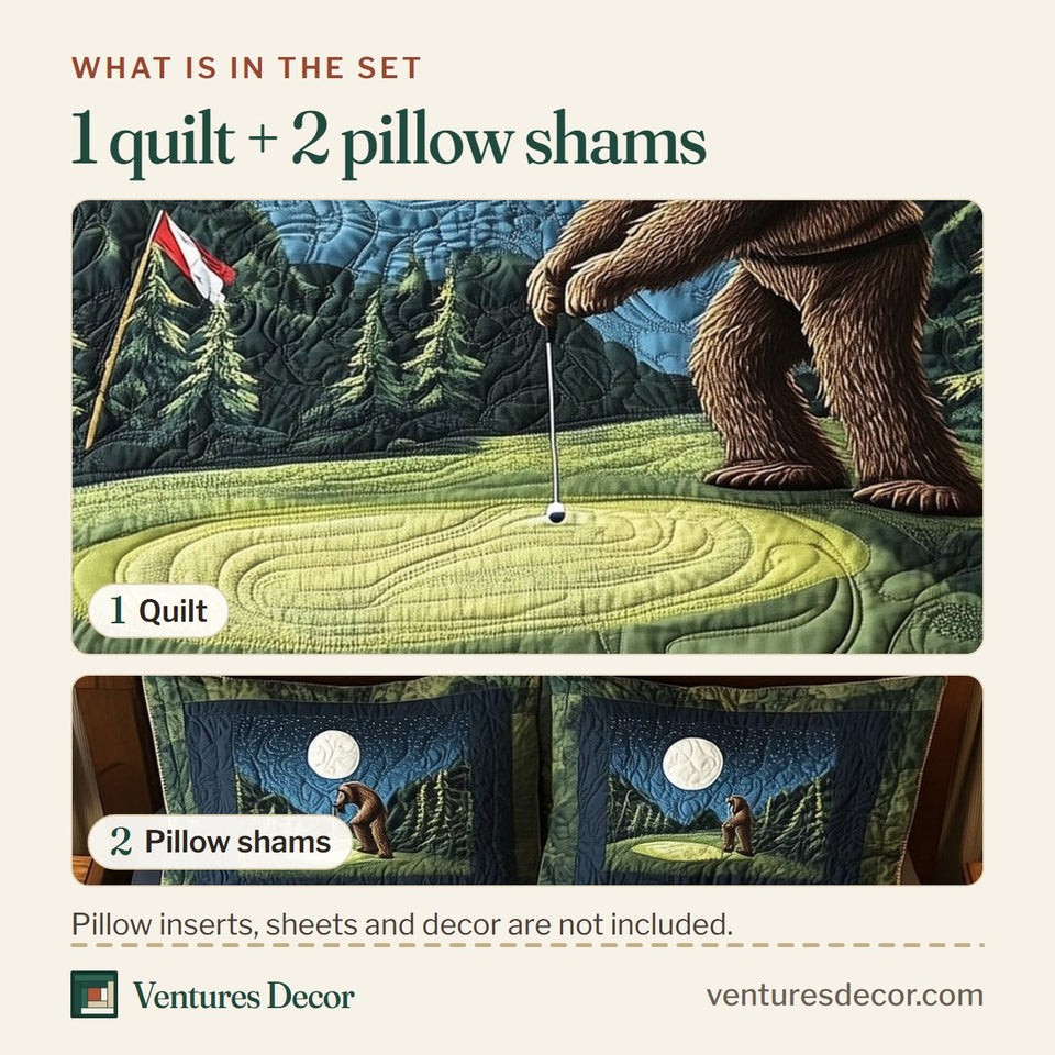 What is in the set: one quilt and two pillow shams, shown in the Bogey Putt Low White Moon Bent Over Putt design