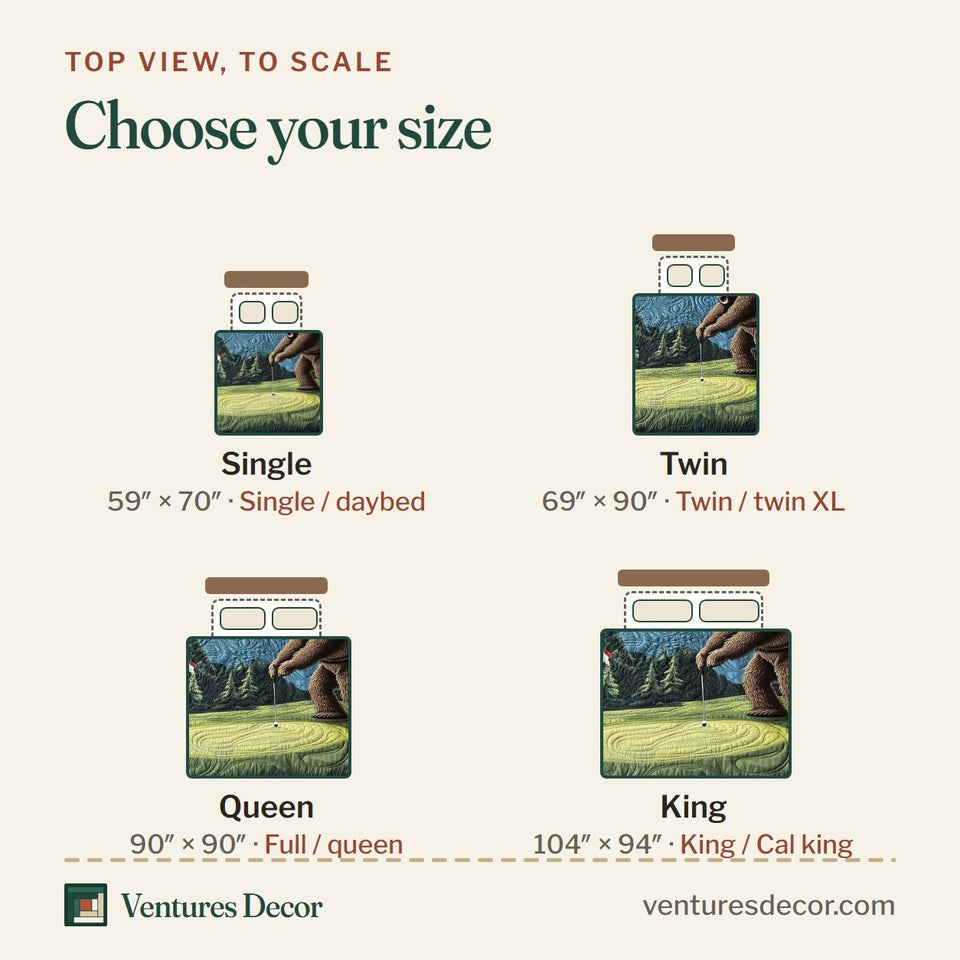 Size guide for the Bogey Putt Low White Moon Bent Over Putt quilt, top view to scale: Single 59 x 70 in, Twin 69 x 90 in, Queen 90 x 90 in, King 104 x 94 in