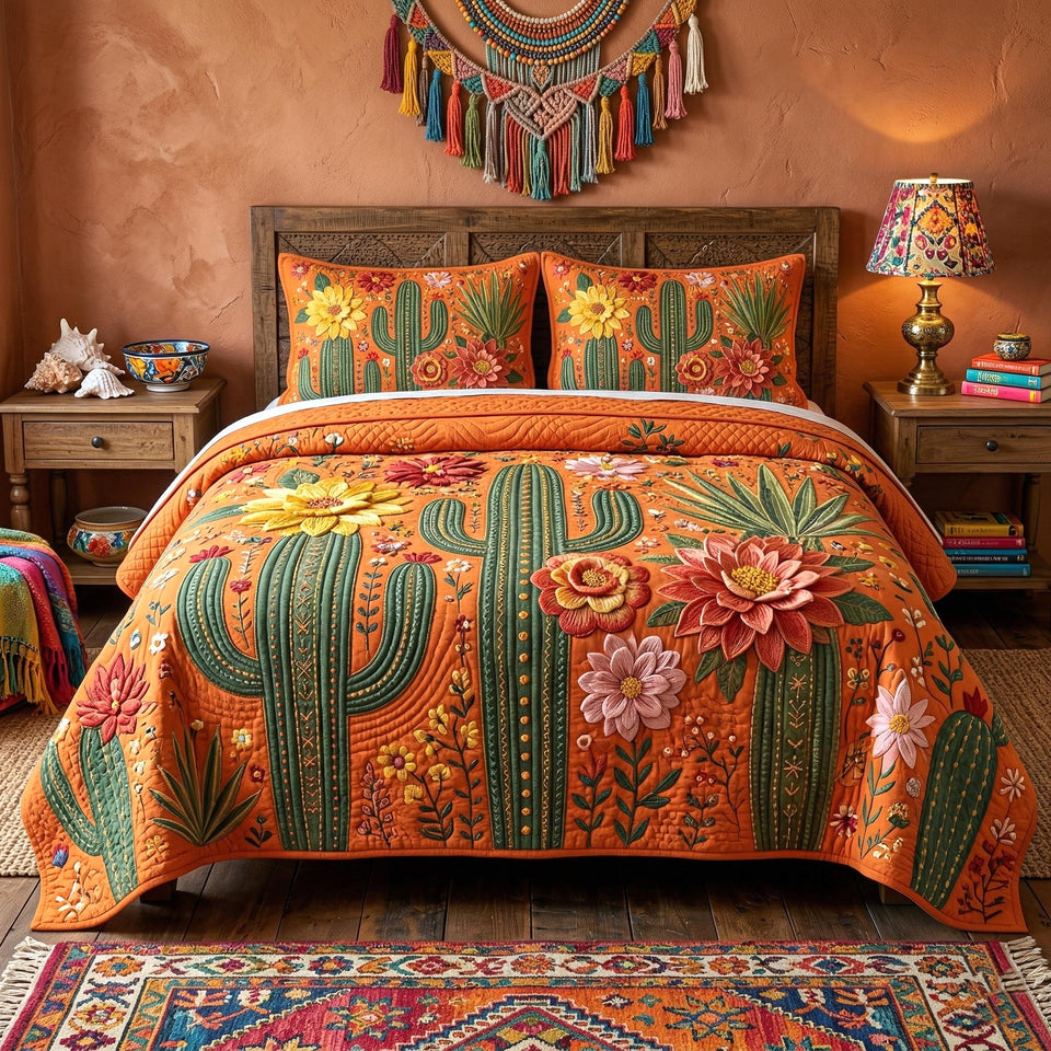 Boho Cactus Sunset Blooms quilted bedding set, quilt and two pillow shams on a made bed