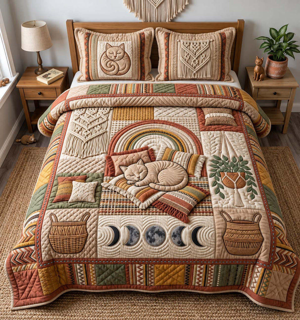 Boho Cat quilted bedding set, quilt and two pillow shams on a made bed