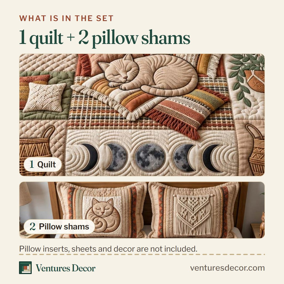 What is in the set: one quilt and two pillow shams, shown in the Boho Cat design