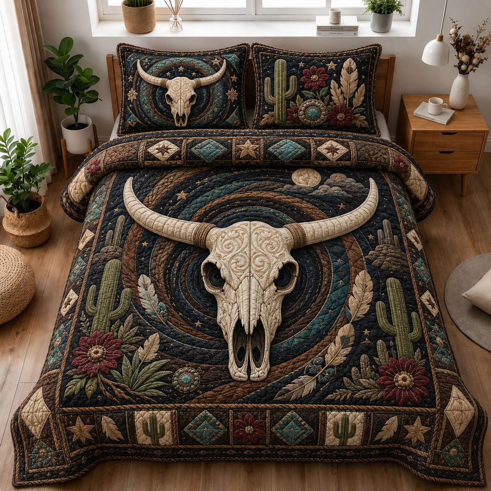 Boho Desert Longhorn Skull Nightscape quilted bedding set, quilt and two pillow shams on a made bed
