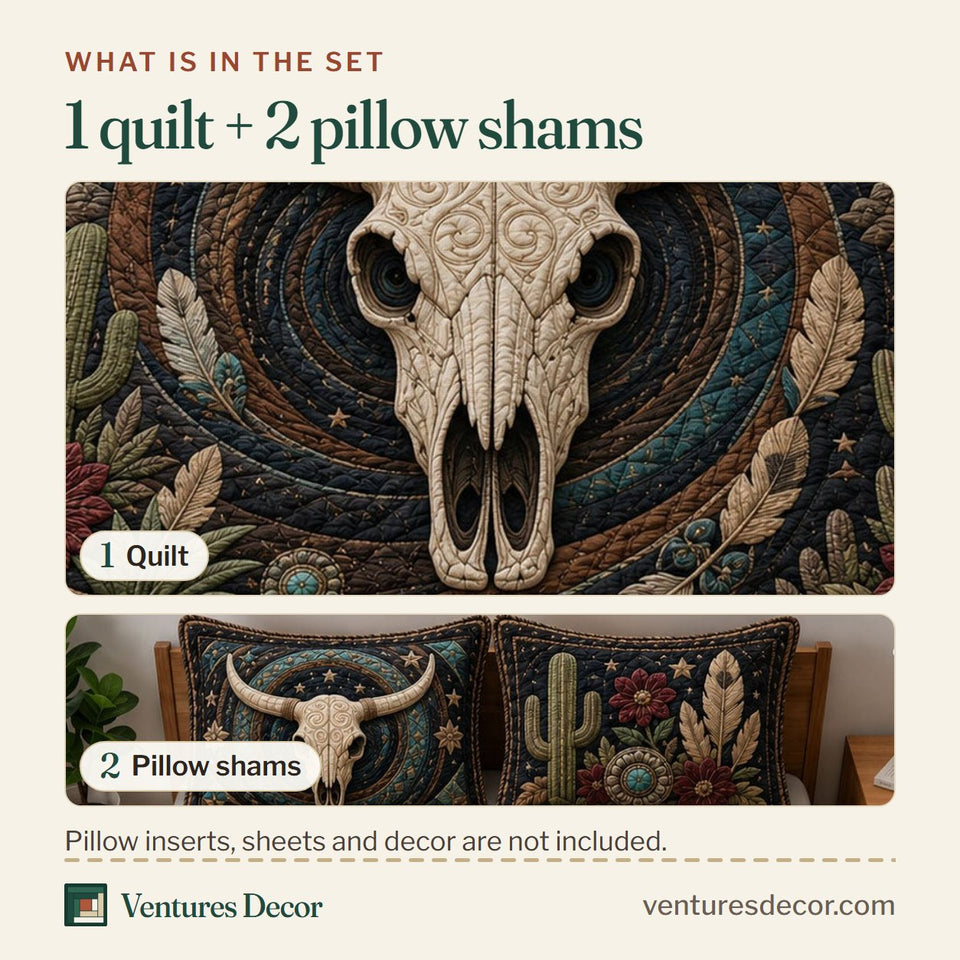 What is in the set: one quilt and two pillow shams, shown in the Boho Desert Longhorn Skull Nightscape design