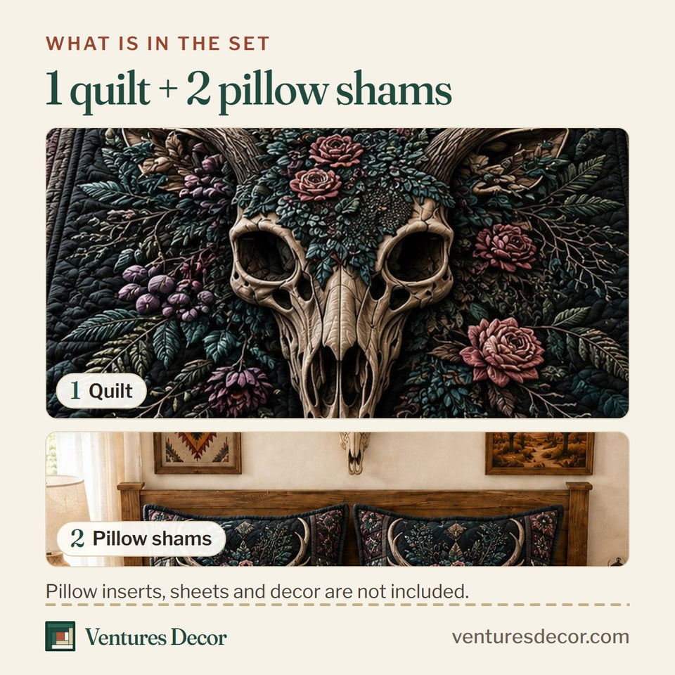 What is in the set: one quilt and two pillow shams, shown in the Boho Floral Deer Skull design