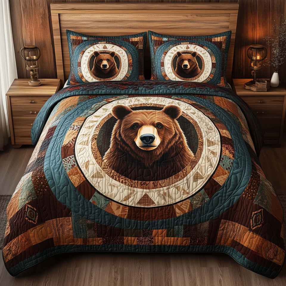Boho Guardian quilted bedding set, quilt and two pillow shams on a made bed