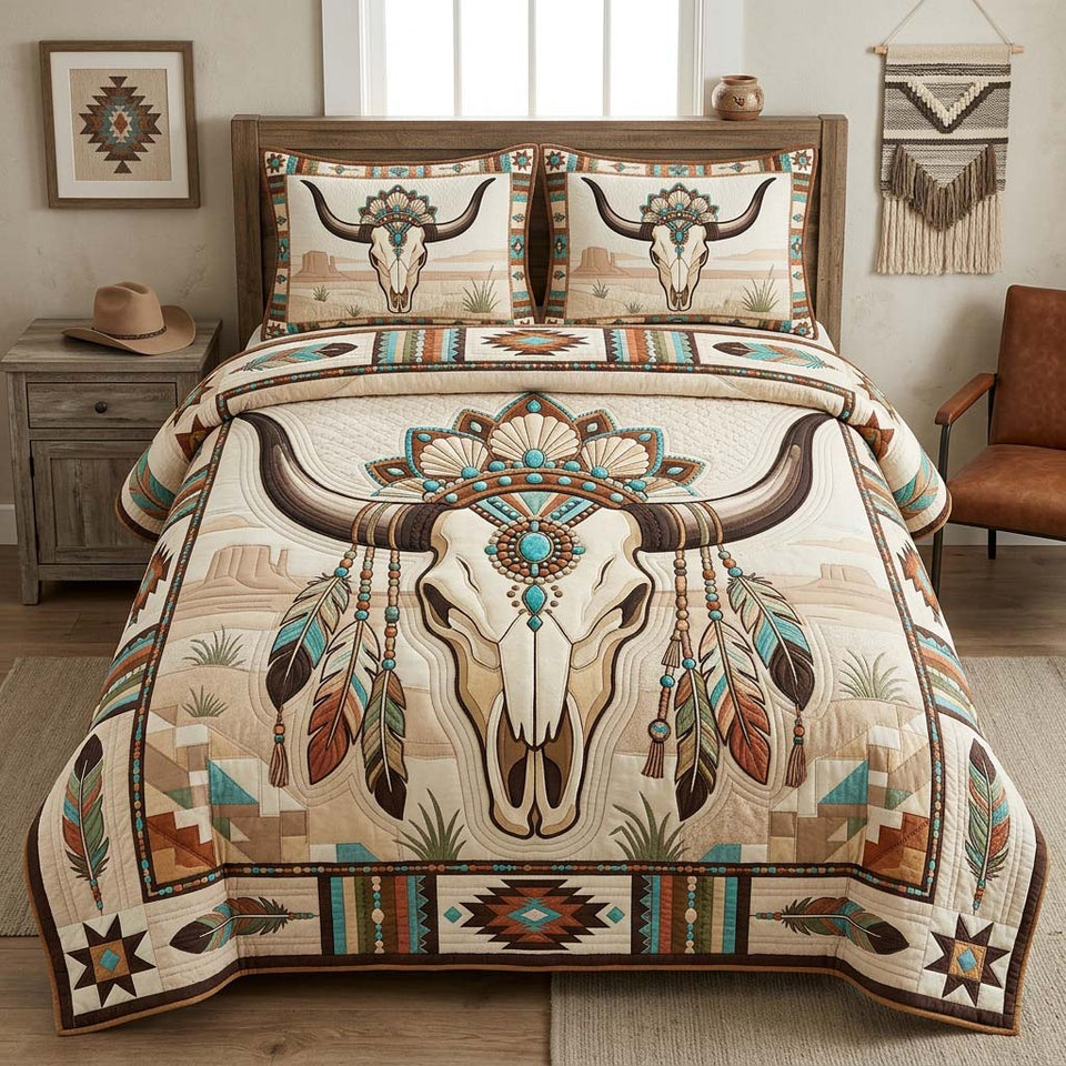 Boho Skull Charm quilted bedding set, quilt and two pillow shams on a made bed