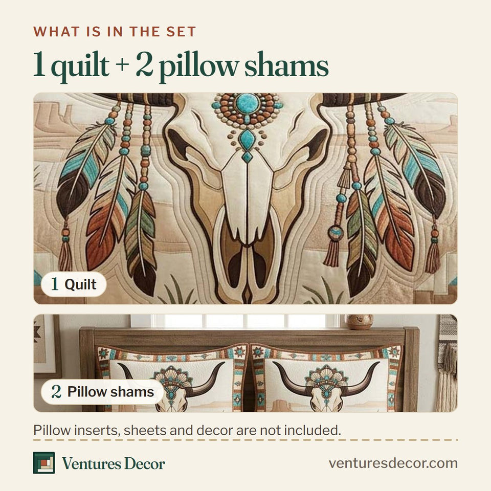 What is in the set: one quilt and two pillow shams, shown in the Boho Skull Charm design