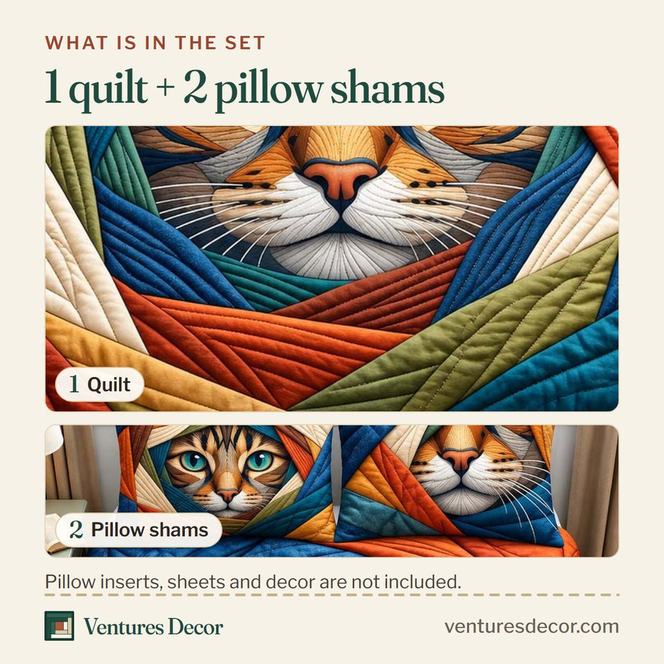What is in the set: one quilt and two pillow shams, shown in the Boho Tabby design