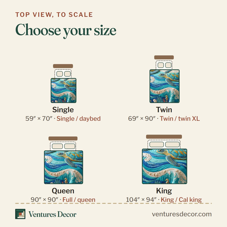 Size guide for the Boho Turtle quilt, top view to scale: Single 59 x 70 in, Twin 69 x 90 in, Queen 90 x 90 in, King 104 x 94 in
