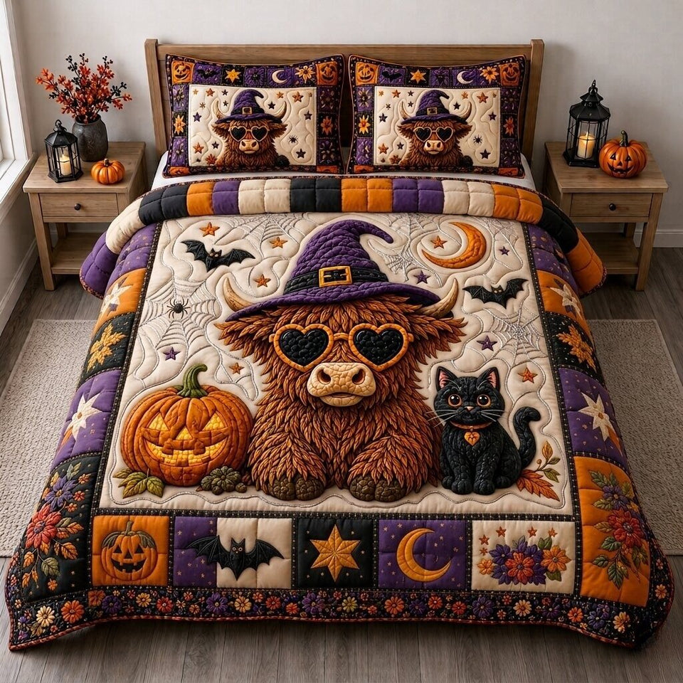 Boo Cow quilted bedding set, quilt and two pillow shams on a made bed