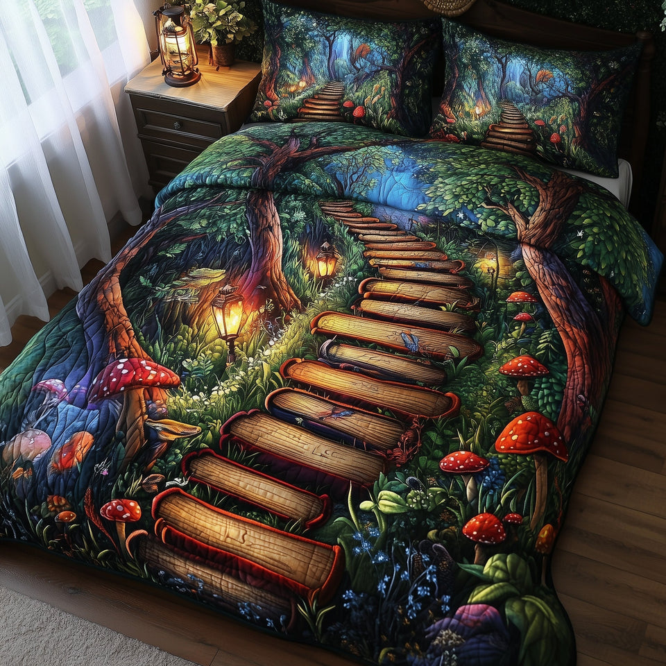 Book Stair Forest Escape quilted bedding set, quilt and two pillow shams on a made bed