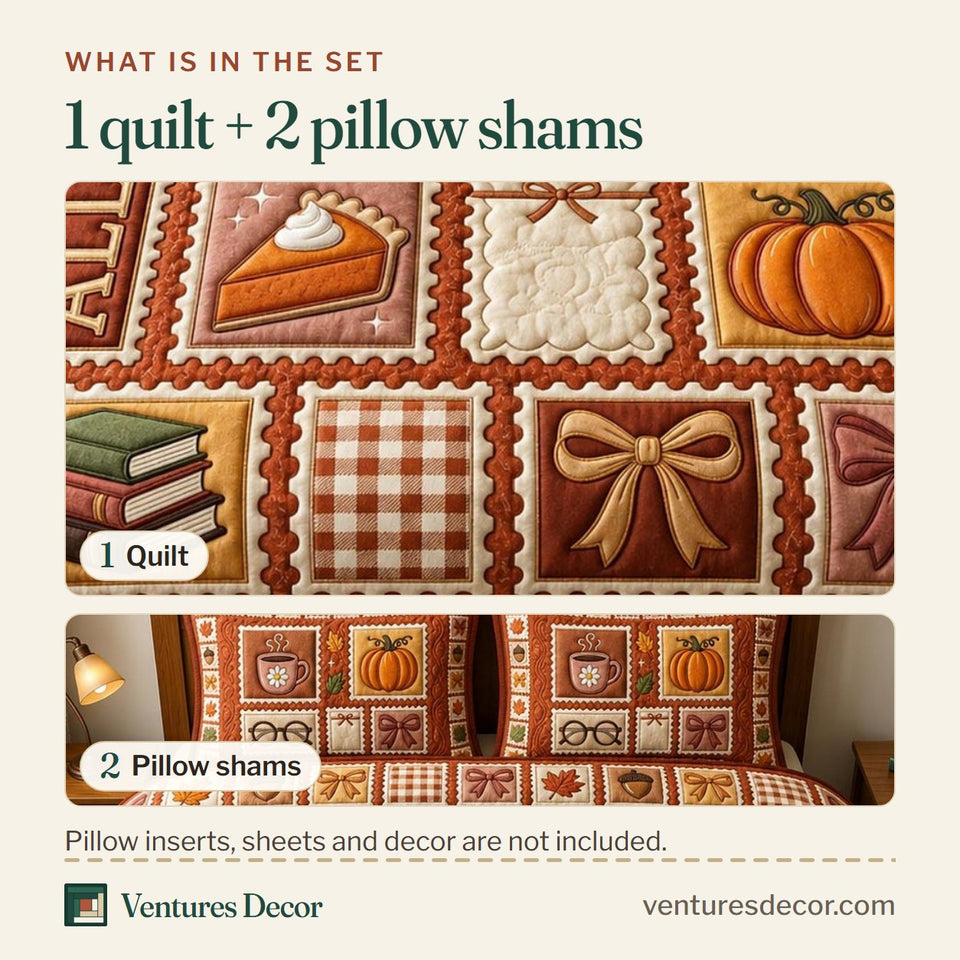 What is in the set: one quilt and two pillow shams, shown in the Booked for Fall Sampler design