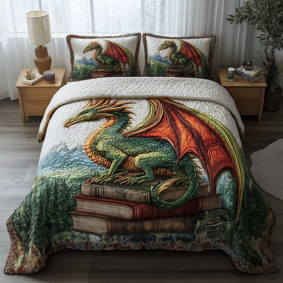 Bookish Dragon Green Scales And Crimson Wings quilted bedding set, quilt and two pillow shams on a made bed