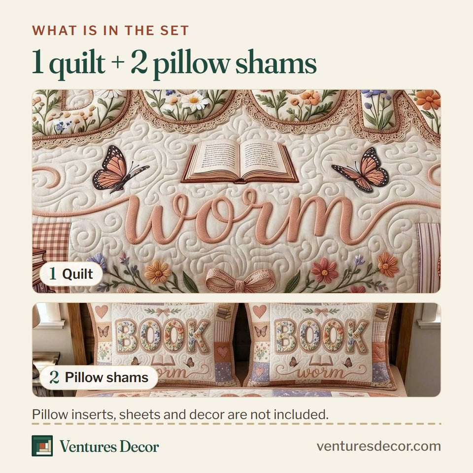 What is in the set: one quilt and two pillow shams, shown in the Bookish Soul Bookworm Letters on Cream design