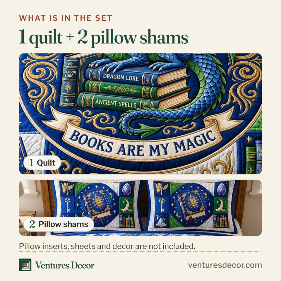 What is in the set: one quilt and two pillow shams, shown in the Books Are Magic Dragon design