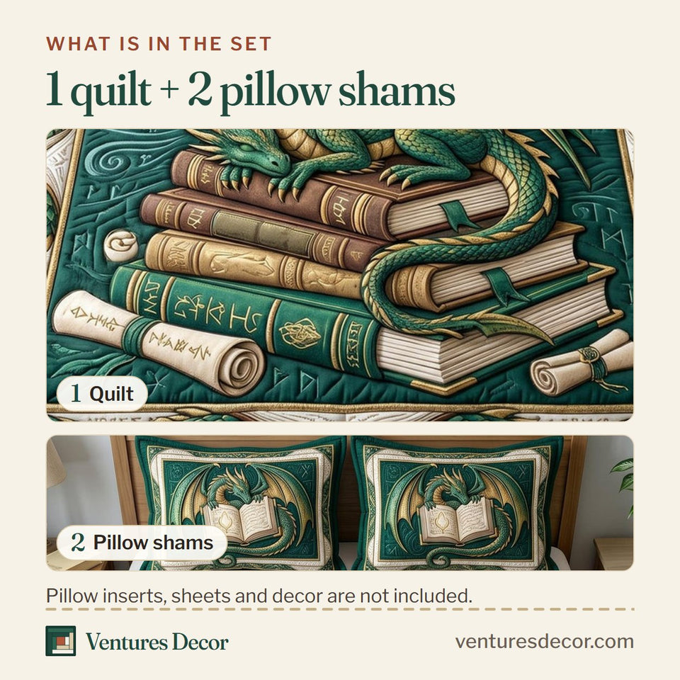What is in the set: one quilt and two pillow shams, shown in the Bookworm Dragon Emerald Dragon on the Book Stack design