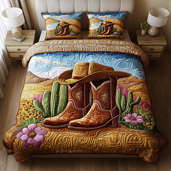 Bootsteps to Home Pale Sand Cactus Row quilted bedding set, quilt and two pillow shams on a made bed