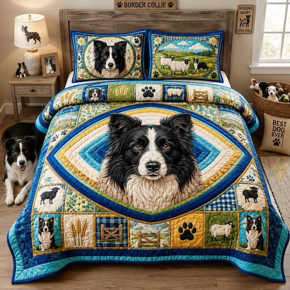 Border Collie Farm Life quilted bedding set, quilt and two pillow shams on a made bed