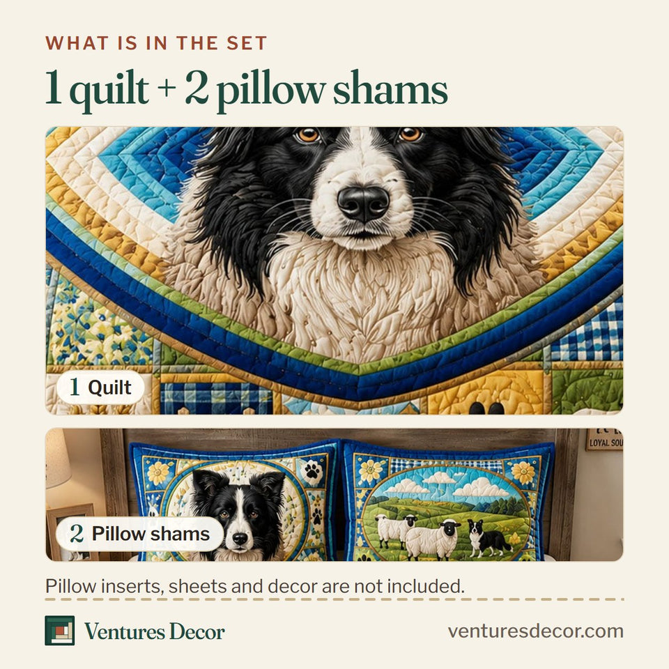 What is in the set: one quilt and two pillow shams, shown in the Border Collie Farm Life design