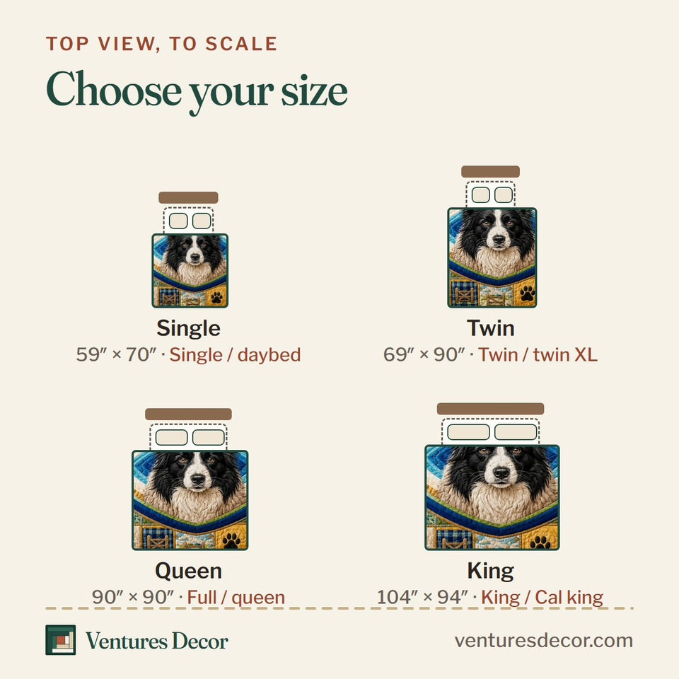 Size guide for the Border Collie Farm Life quilt, top view to scale: Single 59 x 70 in, Twin 69 x 90 in, Queen 90 x 90 in, King 104 x 94 in