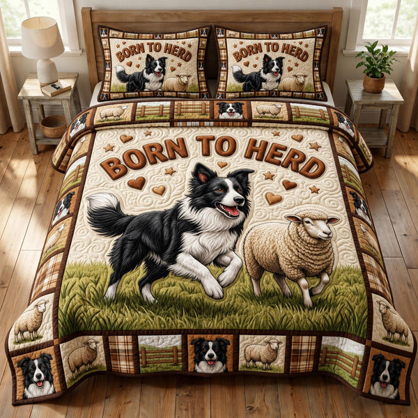 Border Collie Running Beside a Sheep quilted bedding set, quilt and two pillow shams on a made bed