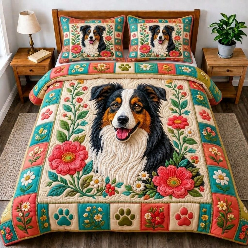 Border Collie Spirit quilted bedding set, quilt and two pillow shams on a made bed