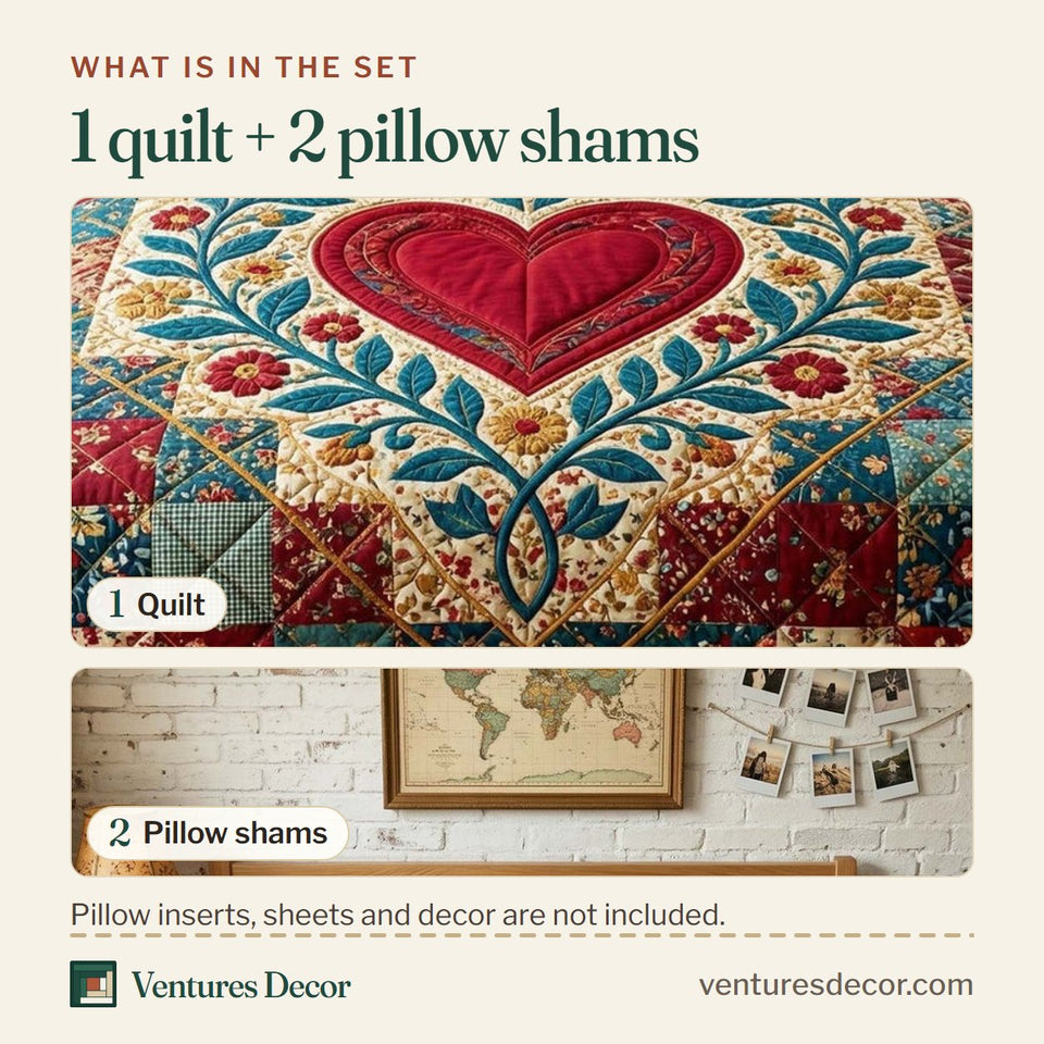 What is in the set: one quilt and two pillow shams, shown in the Botanical Heart design