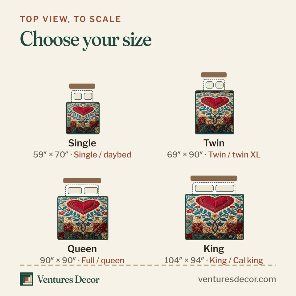 Size guide for the Botanical Heart quilt, top view to scale: Single 59 x 70 in, Twin 69 x 90 in, Queen 90 x 90 in, King 104 x 94 in