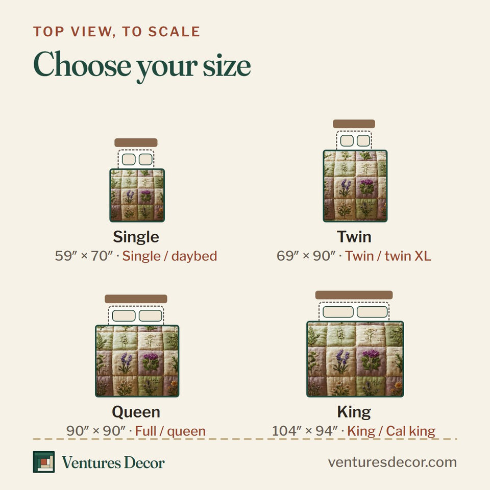 Size guide for the Botanical Patchwork quilt, top view to scale: Single 59 x 70 in, Twin 69 x 90 in, Queen 90 x 90 in, King 104 x 94 in