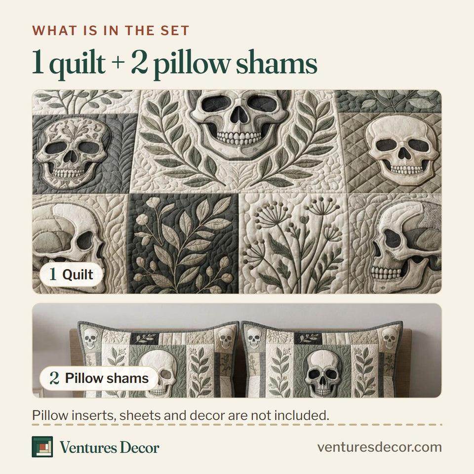 What is in the set: one quilt and two pillow shams, shown in the Botanical Skull Mosaic design